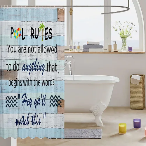 Miniatura 3 de Homewish Pool Rules - Cortina de ducha de madera azul, juego de cortina de ducha para niños y adultos, cortina de baño temática de verano, cortinas