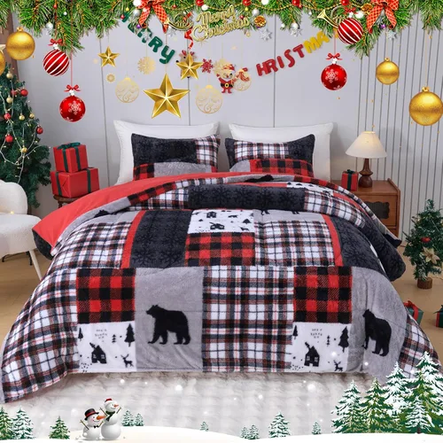Miniatura 19 de YIYEA Juego de edredón navideño de piel sintética tamaño Queen, edredón de lujo ultra suave y esponjoso, juegos de ropa de cama de felpa difusa