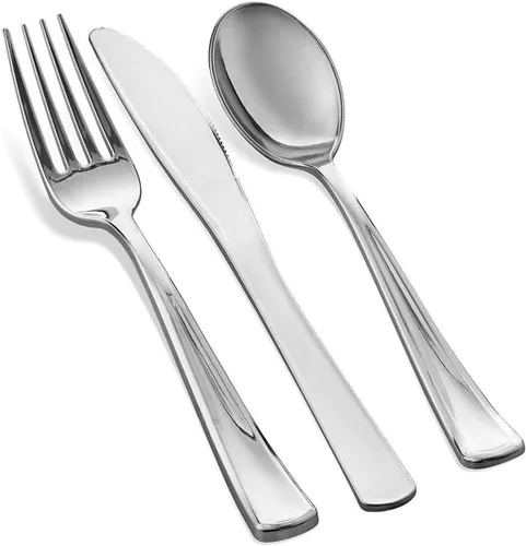 Miniatura 3 de Juego de vajilla plateada de 125 piezas, 50 platos de plástico con borde plateado, 25 platos de cena, 25 platos de postre, 25 cuchillos, 25