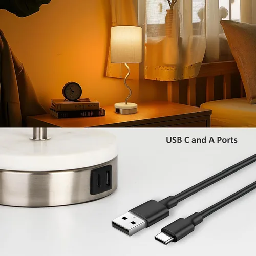 Miniatura 4 de Lámpara de Mesa con Base de Mármol - Lámpara de Mesita de Noche Moderna con Puerto USB y Cadena de Tracción, Lámpara para Dormitorio, Sala de Estar