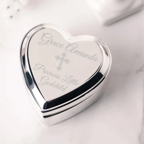 Miniatura 31 de Cherished Moments Caja de recuerdo de joyería de corazón personalizada con cruz grabada personalizada y nombre para regalo de bautizo de bebé