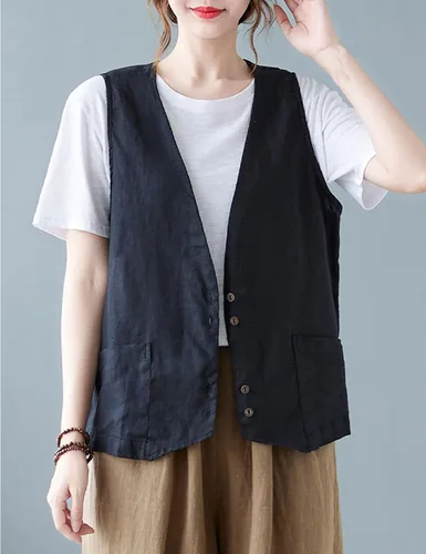 Miniatura 4 de Bozanly Chaleco sin mangas con botones para mujer, estilo casual, cuello en V, de lino y algodón, con bolsillos