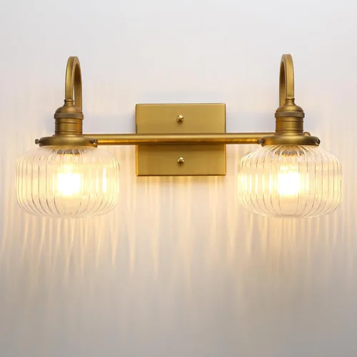 Aplique de pared de vidrio de 2 luces con pantalla de globo a rayas transparentes, lámpara de pared de latón envejecido industrial para sala de