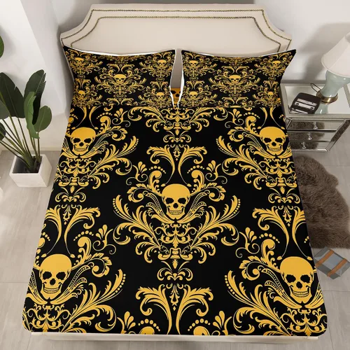 Sábanas de cama góticas de damasco para adultos, sábana bajera ajustable victoriana antigua, sábanas góticas florales vintage, juego de ropa de cama
