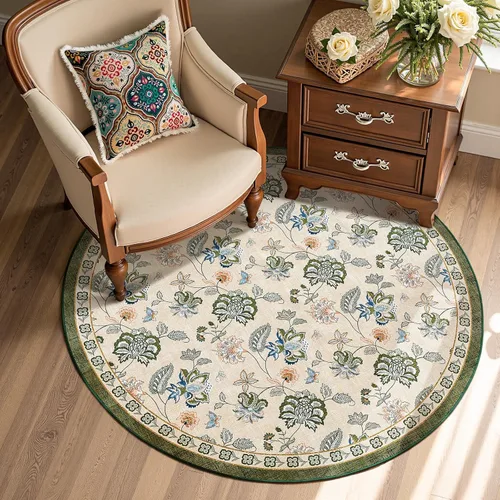 Miniatura 203 de Jinchan Fiora - Alfombra redonda de 8 pies, alfombras vintage con diseño floral envejecido, lavable a máquina, antideslizante, de pelo bajo, Azul