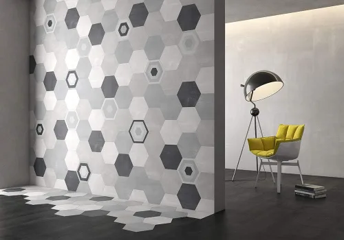 Miniatura 7 de Mama Mia - Azulejo de porcelana hexagonal gris con patrón geométrico (9 unidades, 10,2 x 11,4 pulgadas)