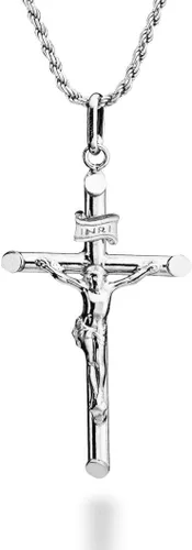 Miabella Collar de crucifijo pequeño o grande de plata de ley 925 chapada en rodio para hombres y mujeres, colgante de cruz con cadena de cuerda,