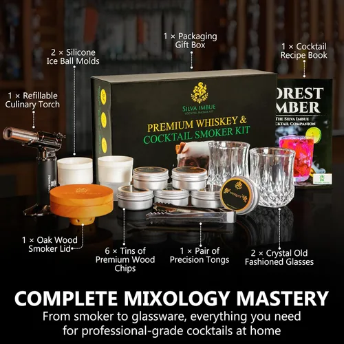 Miniatura 4 de Silva Imbue - Kit de ahumador de whisky con antorcha, kit de ahumador antiguo para cócteles, bourbon y whisky, 6 chips de madera, tapa de roble