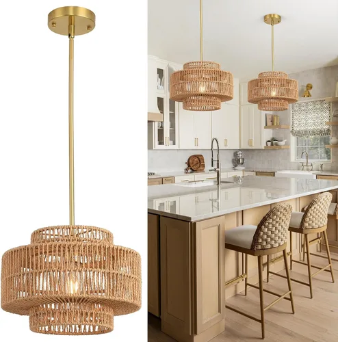 Lámpara Colgante de Ratán de 12.4", Luminaria de Araña Boho de 1 Luz, Luminaria de Techo Colgante de Ratán Estilo Granja para Comedor, Sala de