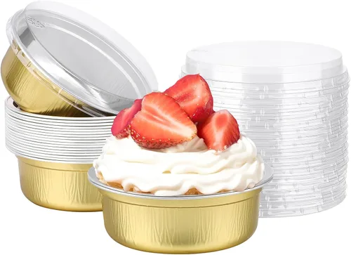 Miniatura 57 de Beasea Ramequines con tapas, 8oz 50 unidades de tazas de aluminio desechables para hornear, tazas de papel de aluminio plateado para creme brulee