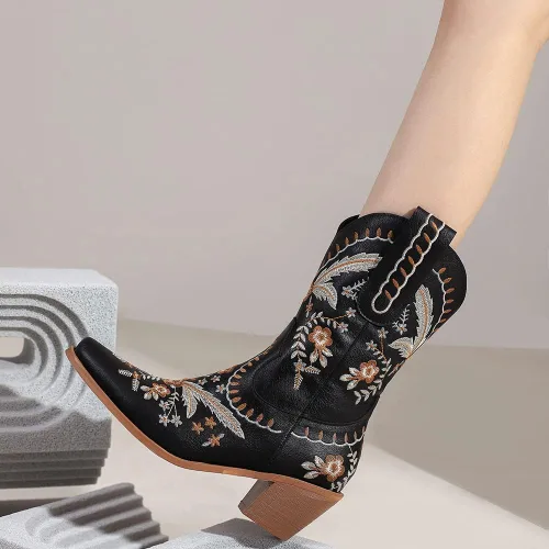 Miniatura 5 de LIPIJIXI Botas vaqueras bordadas para mujer, botas vaqueras para mujer, botas vaqueras florales de tacón bajo y grueso