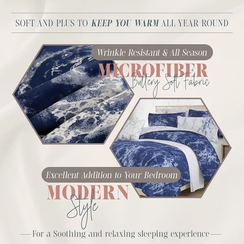 Miniatura 7 de Elegant Comfort Juego de edredón reversible de 10 piezas, estampado de mármol, almohada decorativa y sábana bajera con bolsillos inteligentes, Azul