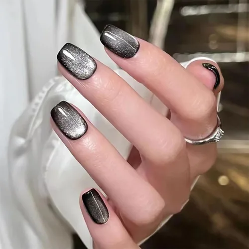 Miniatura 20 de Uñas postizas a presión de Navidad, color rojo vino, uñas postizas cuadradas medianas con diseño degradado, cobertura completa, acrílico brillante