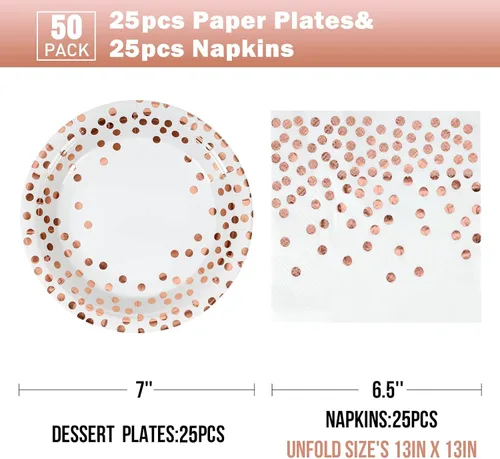 Miniatura 2 de Platos y Servilletas de Papel Blanco y Oro Rosa - Paquete de 50 - 25 Platos de Papel de 7 pulgadas y 25 Servilletas de 6.5 pulgadas, Suministros