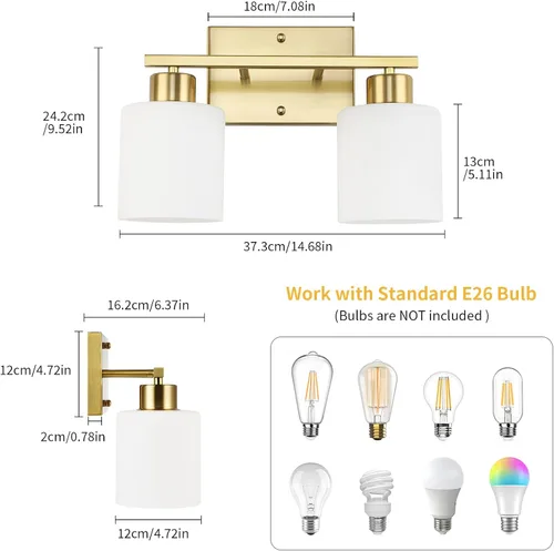 Miniatura 2 de WILON 2 luces doradas cepilladas, accesorios de iluminación de tocador de baño con pantallas de vidrio esmerilado blanco leche, modernas luces