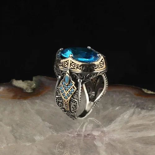 Miniatura 4 de 925 Sterling Silver Aquamarine Stone Men Silver Ring, Handmade Blue Aquamarine Stone Men's Silver Ring, Vintage Men Ring, Turkish Ottoman Men Ring