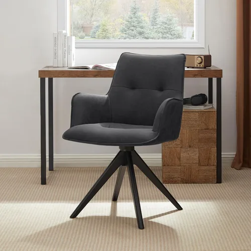 Miniatura 15 de Zouron Silla de escritorio giratoria sin ruedas, silla de oficina tapizada con patas de madera de roble, sillón moderno para espacios pequeños