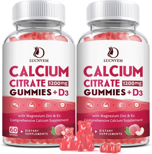 Paquete de 2) Gomitas de citrato de calcio 1200mg con vitamina D3 para mujeres y hombres, Gomitas de calcio con vitamina D3 K2, Alta absorción para