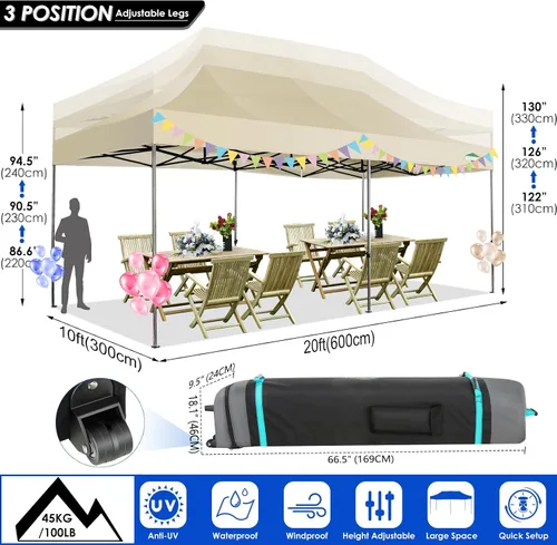 Miniatura 3 de COBIZI Toldo de 10 x 20 pies con paredes laterales, carpa de fiesta resistente para fiestas, bodas, tienda de campaña portátil plegable fácil
