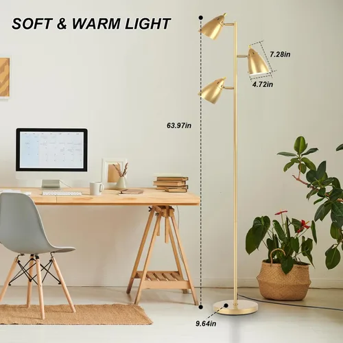Miniatura 5 de Lámpara de pie estilo árbol LALISU para sala de estar, lámpara de pie industrial de 3 luces con 3 bombillas LED, cabezas giratorias ajustables