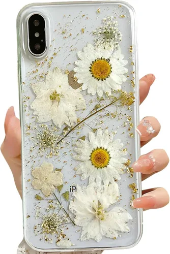 Miniatura 53 de LSEEKA Funda transparente para iPhone 13 Mini/iPhone 12 Mini con diseño de flores reales prensadas, con purpurina, bonito patrón floral blanco, Oro