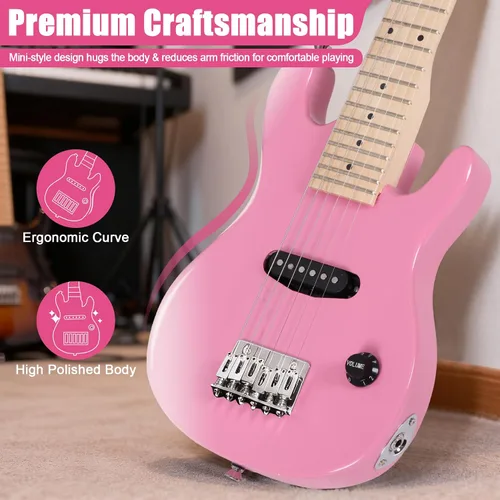 Miniatura 4 de ZENY Guitarra eléctrica para niños de 30 pulgadas con amplificador de 5 W, bolsa de concierto, correa, cable, cuerdas y púas, kit de accesorios Rosa