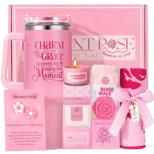Set de regalo de regalo de color rosa para mujer, caja de regalo de cumpleaños rosa para mujeres, cesta de regalo de spa para mamá, hermana, mejor