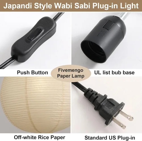 Miniatura 7 de Lámpara colgante de papel con enchufe, lámpara colgante de papel de arroz blanco roto de 20 pulgadas con cable de 19.7 pies de globo grande japonés