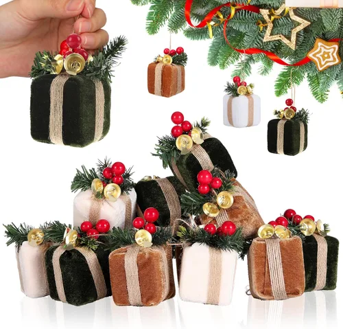 Panelee 12 mini cajas de regalo para árbol de Navidad, adornos de terciopelo para árbol de Navidad, decoración de regalo vintage con campanas para