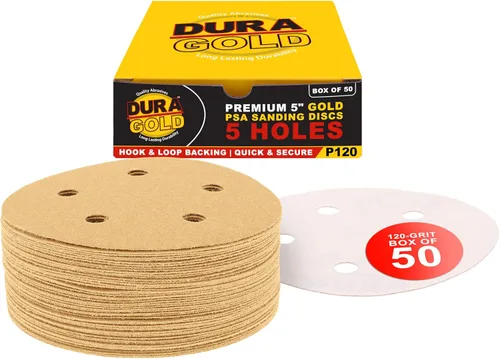 Miniatura 13 de Dura-Gold - Premium - Grano 80 - Discos de lija dorados de 5 pulgadas - Gancho y bucle sin polvo de 5 agujeros para lijadora DA - Caja de 50 discos