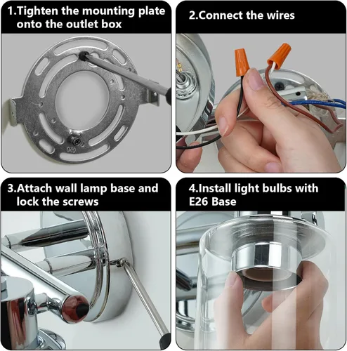 Miniatura 8 de Lámpara de pared de baño de 3 luces cromadas con luces de vidrio transparente sobre espejo, base E26 Cromo