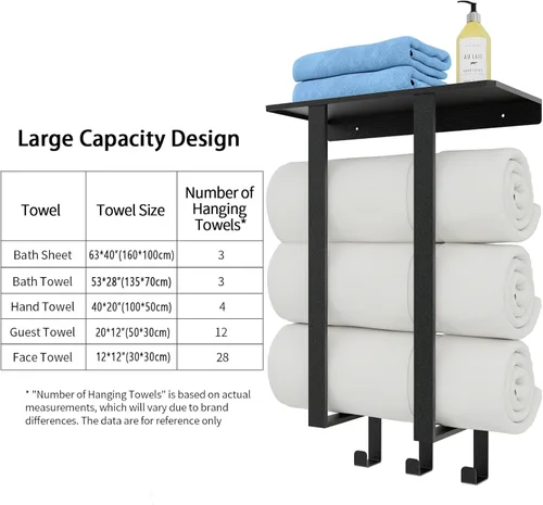 Miniatura 4 de Toalleros para baño, toallero con estante y 3 ganchos, soportes de almacenamiento de toallas de pared para toallas de baño enrolladas, color negro