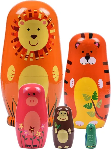 Miniatura 19 de Muñecas rusas "matrioskas", 5 unidades, 15 cm de alto, diseño de animales, huevos de Pascua, juguetes de anidación, muñecas de madera hechas a mano