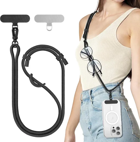 SURPHY Cordón para teléfono, correa cruzada ajustable para teléfono con 2 pestañas de amarre para teléfono celular, hebillas de metal de alta Negro