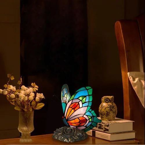 Miniatura 8 de Lámpara de Mesita LED Azul Tiffany Mariposa Nocturna con Interruptor de Encendido/Apagado, Lámpara de Escritorio de Vidrio Manchado, Luz Nocturna