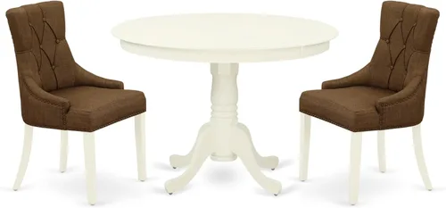 East West Furniture HLFR3-LWH-18 - Juego de mesa y sillas de cocina de 3 piezas contiene una mesa redonda de comedor con pedestal y 2 sillas Parson