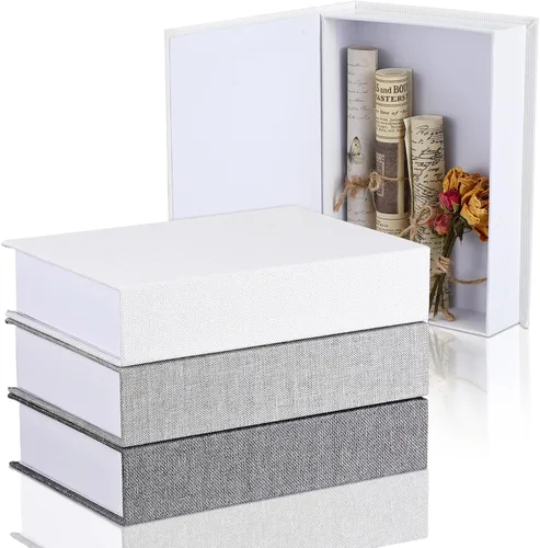 Miniatura 7 de Tioncy Caja de libros falsos de lino neutro, 3 piezas, decoración de imitación para decoración del hogar, estantes, mesa, tarjetas, fotos, regalo