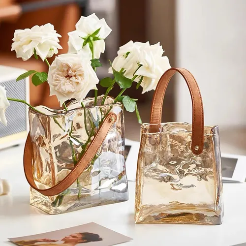 Miniatura 3 de Cuero hecho a mano - Bolso de mano - Estilo florero de cristal - Elegancia simple para tu espacio (ámbar)