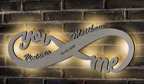 Decoración de pared infinito, luz nocturna LED personalizada de madera, nombres de parejas, letrero infinito para San Valentín, boda, aniversario,
