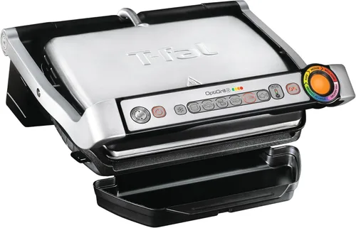 T-Fal OptiGrill - Parrilla eléctrica de acero inoxidable, 4 porciones, 6 modos de cocción automáticos, parrilla inteligente, poco hecho a bien