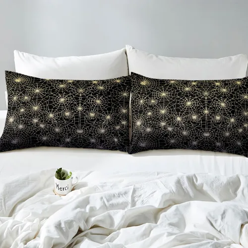 Miniatura 6 de Erosebridal Sábanas de Telaraña Juego de Sábanas Feliz Halloween Juego de Ropa de Cama de Líneas Rayas Geométricas Tamaño King Sábana Plana Amarillo