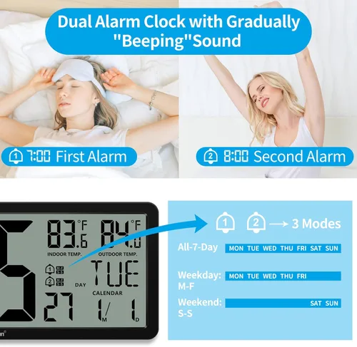 Miniatura 6 de Geevon Atomic Clock,14.5"Large Digital Wall Clock Battery Operated with Dual Alarm Clock, Indoor Outdoor Temperature, 4.4"Jumbo Digits, Day and Date