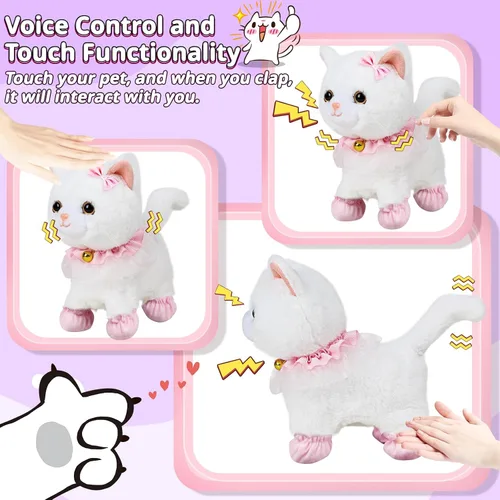 Miniatura 5 de Jimate Juguete electrónico interactivo de peluche robot que camina y ladra, gato de peluche con control remoto para niñas (gato blanco)