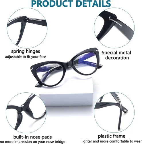 Miniatura 6 de Pack de 6 gafas de moda de ojo de gato para mujer con bloqueo de luz azul, bisagras de resorte extra grandes, lentes para computadora 6 mezcla