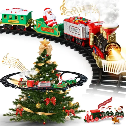 Juego de tren de Navidad – Juguetes de tren colgante alrededor/debajo del árbol de Navidad con humo, silbato (encender/apagar) y luces, decoración