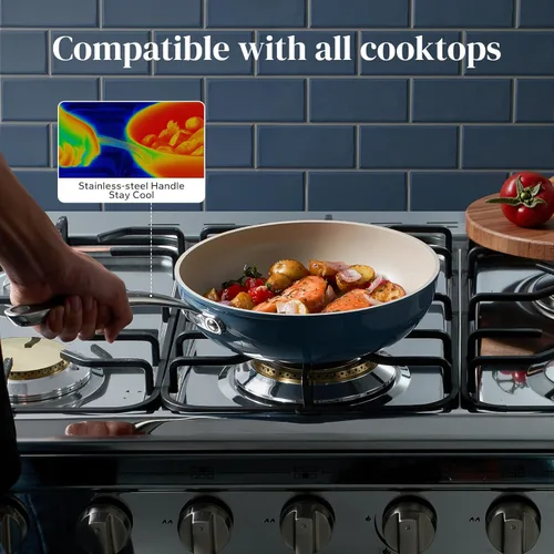Miniatura 5 de Redchef Sartenes de cerámica antiadherente, 4 piezas de cerámica profunda con tapa, sartén profunda de 8, 9.5 y 11 pulgadas, sartenes de huevo Azul