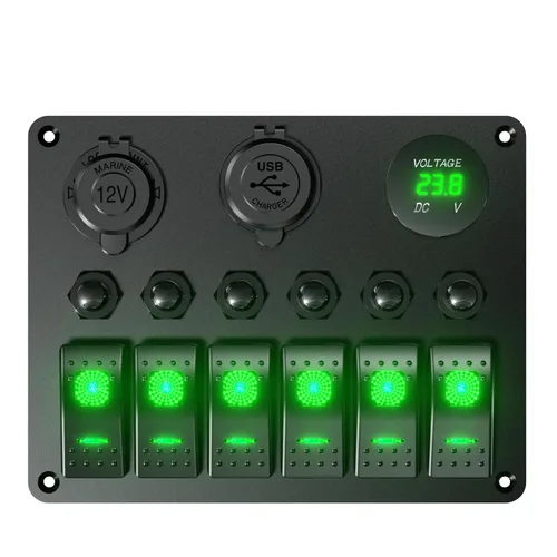 Miniatura 2 de Panel de interruptor basculante de barco marino impermeable de 6 bandas, protector de sobrecarga, 12-24 V, 36 W, cargador USB dual QC3.0