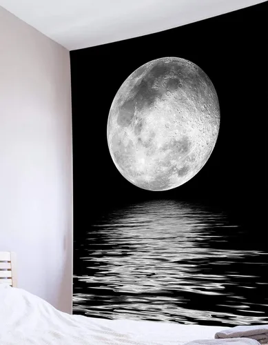 Miniatura 4 de LB Tapiz pequeño de luna llena sobre océano, tapiz de pared de cielo nocturno estrellado, fantasía 3D, arte de pared de luna grande en blanco