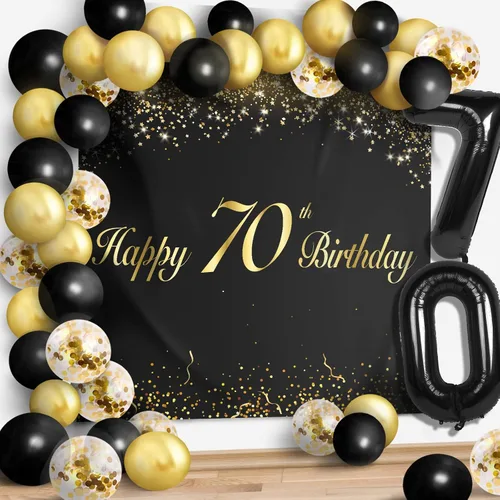 Juego de globos negros de feliz cumpleaños 70 – Decoración de guirnalda temática de fiesta con texto en inglés "Cheers to 70 Years Old Party Theme