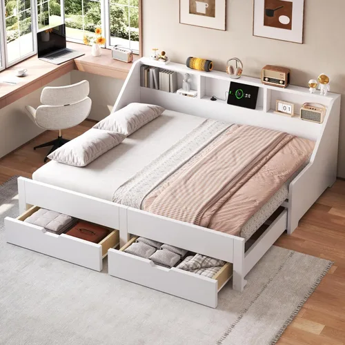 Miniatura 12 de JIVOIT Sofá cama extensible con cama nido y dos cajones de almacenamiento, marco de sofá cama de madera con soportes de listones de madera, diseño